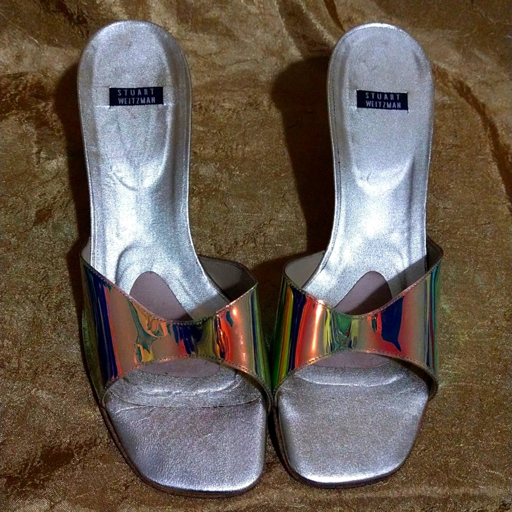 Stuart Weitzman iridescent strapless heels
